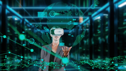 Businesswoman user making zoom with big data dynamic world market graph monitor by VR future global innovation interface digital infographic network technology visual hologram animation. Contraption.