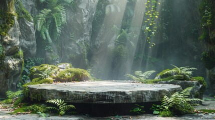 Fototapeta premium Mossy stone altar in a lush forest - generative ai