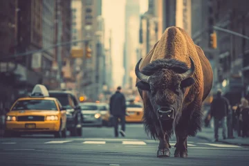 A photo of a bison exploring the city in New York. Demonstrating concepts including urban wildlife, habitat loss, urbanisation, adaptation, nature versus civilisation, wildness versus modernity.