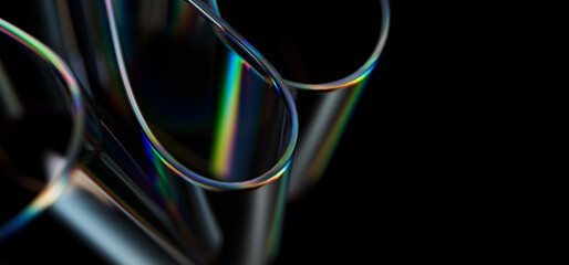 Macro of transparent iridescent glass curved stripe with extreme depth of field. Place for text. Modern abstract backdrop. 3d render illustration