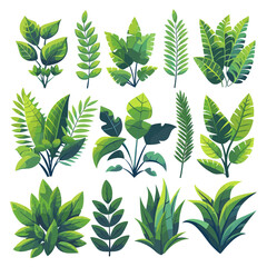 Set of green leaves isolated on white background. Flat vector illustration.
