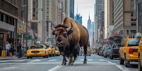 A photo of a bison exploring the city in New York. Demonstrating concepts including urban wildlife, habitat loss, urbanisation, adaptation, nature versus civilisation, wildness versus modernity.