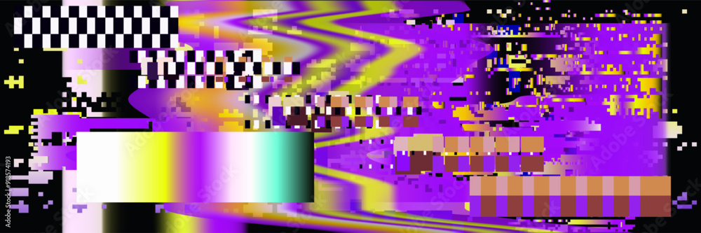Poster Glitched screen with colorful random neon pixel noise and flickers.