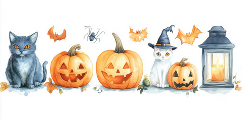 Charming Halloweenthemed illustration featuring a variety of festive elements including carved pumpkins, black cats, vintage lanterns, and autumn leaves, perfect for invitations