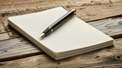 A lined notebook with a gold-trimmed fountain pen rests on a weathered wooden surface.