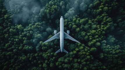 Airplane flying in the sky over the forest. Travel concept.