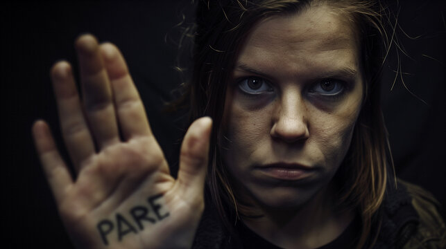 Mulher jovem com "PARE" escrito na m&atilde;o em ambiente escuro.