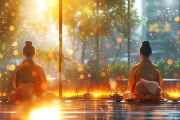 Obraz premium Two women in kimonos participate in a traditional tea ceremony at sunrise.