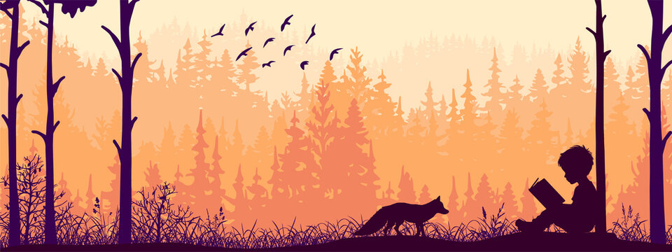 Boy reading book in nature. Fox watching in forest, birds, trees, grass. Silhouette landscape, banner, poster, illustration.