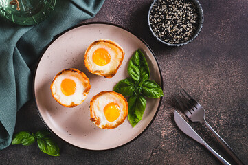 Chicken eggs baked in bacon and basil leaves on a plate on the table top view