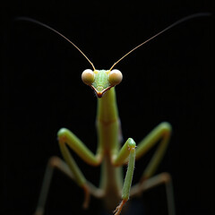 Praying mantis (mantodea) close up posing like a model looking backwards isolated on dark background, baby insect, macro photography