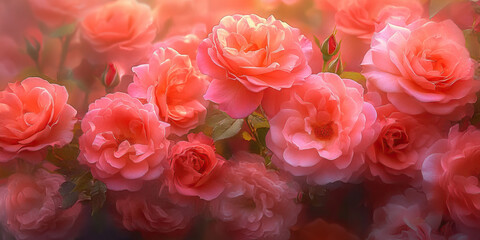 Fototapeta premium Blushing Blooms: A garden overflowing with vibrant pink roses, their petals dancing in the breeze