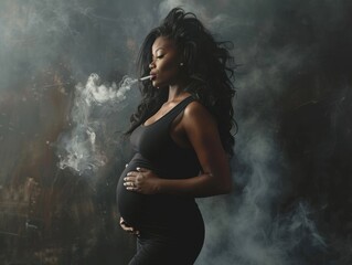 Fototapeta premium Pregnant woman smoking with flowing hair and smoke swirling in the background