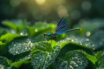 Male Blue-winged Damselfly on Green Plant