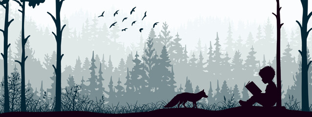 Boy reading book in nature. Fox watching in forest, birds, trees, grass. Silhouette landscape, banner, poster, illustration.