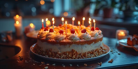 A vibrantly lit birthday cake surrounded by the warm glow of celebration.