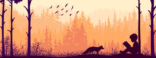 Boy reading book in nature. Fox watching in forest, birds, trees, grass. Silhouette landscape, banner, poster, illustration.