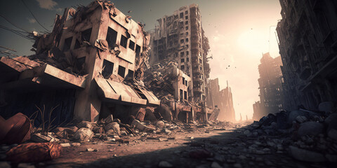 Apocalyptic view of destroyed city buildings, post apocalypse after world war