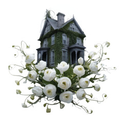 A spooky haunted house decorated with white color natural flowers isolated on white background vector illustration 