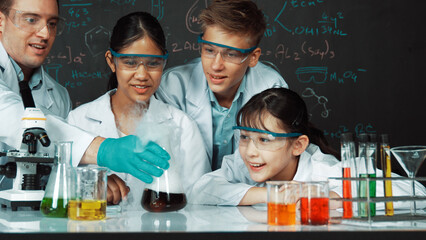 Girl looking at beaker while doing experiment at blackboard with chemistry theory in STEM class. teacher and group of highschool student with mixed races doing science activity together. Edification.