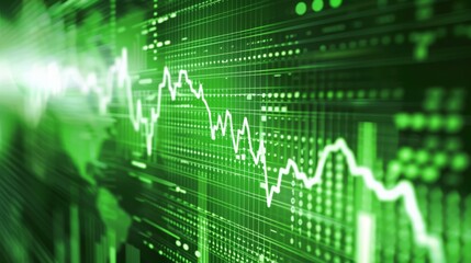 Abstract image of green financial chart overlaid on a digital grid background. The sharp white line graph contrasts with the vibrant green tones, conveying sense of economic growth and market analysis