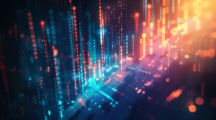 Abstract image featuring vertical data streams in vibrant blue and orange tones on a dark background. The glowing dots and lines create a dynamic, futuristic atmosphere, technology and digital themes