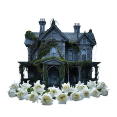 A spooky haunted house decorated with white color flowers isolated on white background vector illustration 