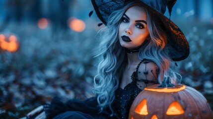 Captivating silver-haired woman dressed as a witch, with dark makeup and black hat, sitting outdoors beside a glowing jack-o'-lantern, in a mystical blue-toned twilight setting