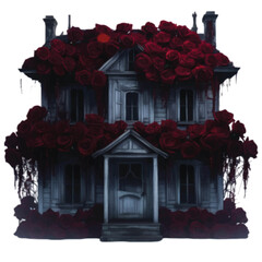 A spooky haunted house decorated with red color natural flowers isolated on white background vector illustration 
