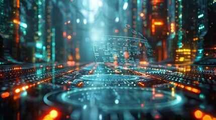 Obraz premium Futuristic digital interface in a cyberpunk city - generative ai