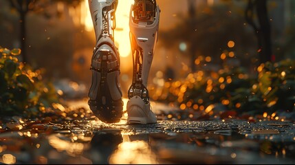 A hyperrealistic image of a person with a prosthetic leg walking in a futuristic cityscape.