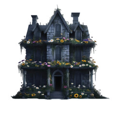 A spooky haunted house decorated with colorful natural flowers isolated on white background vector illustration 