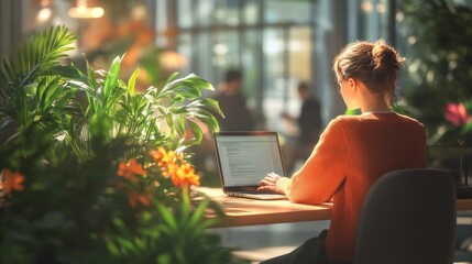 An attentive young girl is working on a laptop in an urban landscaped coworking. The concept of entrepreneurship and remote work in a comfortable environment. Design for startups, digital nomads life