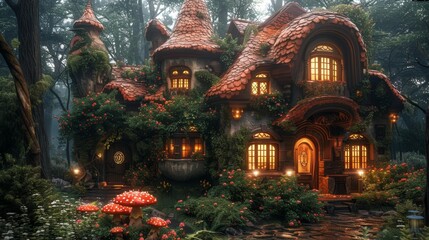 Obraz premium Enchanted forest cottage at dusk - generative ai