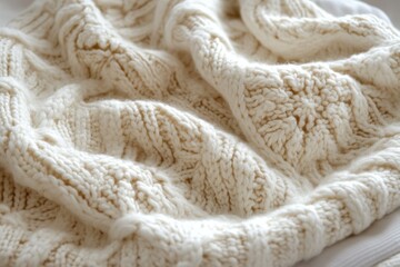 Scandinavian knitted wool pattern. A white flower on a handmade sweater. Background. Advertising of yarn, knitting needles and hooks.