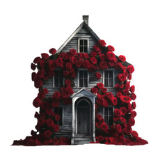 A spooky haunted house decorated with red rose flowers isolated on white background vector illustration 