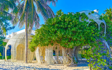Tropical beach with beautifully designed pergola in Mexico.