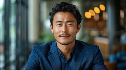 Fototapeta premium Confident Young Asian Executive Smiling in Modern Office, Business Success
