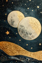 Fototapeta premium Golden moons and stars on a black or dark blue textured background. A postcard or wallpaper.