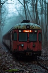 Obraz premium Postcard. An old red tram in the autumn forest with the inscription March 8th. The bus is following the International Women's Day route. An unusual background about the holiday.