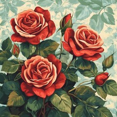 A set of retro illustrations with roses and bouquets of roses. Floral arrangement in muted colors. Pink roses with green foliage and branches.