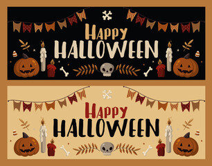 Happy halloween banners with cute pumpkins, sculls, bats, sweets