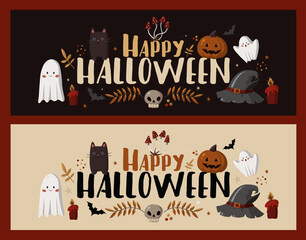 Happy halloween banners with cute pumpkins, sculls, bats, sweets