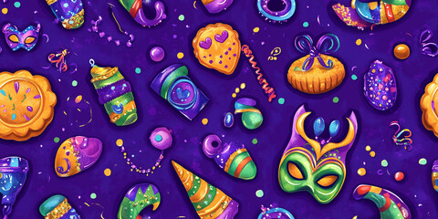 Fototapeta premium Mardi Gras assortment of beads, king cakes, and masks on a festive purple canvas, seamless pattern