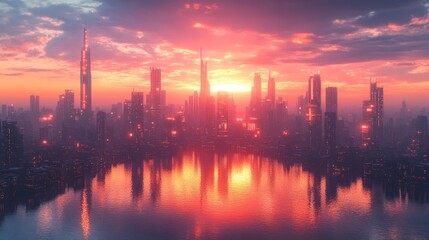 Fototapeta premium Futuristic cityscape at sunset by the water - generative ai