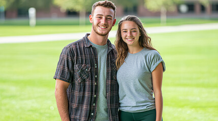 Obraz premium portrait photography of a Caucasian male student standing closely beside a Caucasian female student, both smiling confidently at the camera