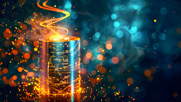 Abstract futuristic energy concept with a glowing battery and digital particles, representing advanced technology and innovation.