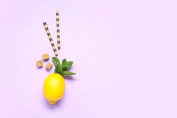 Ripe lemon with mint and straws on lilac background