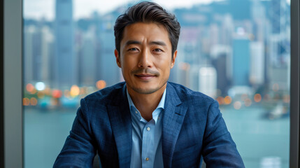 Confident Asian Businessman in Blue Suit Smiling with City Skyline View
