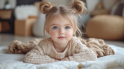 a 3 year old girl plays in a white living room